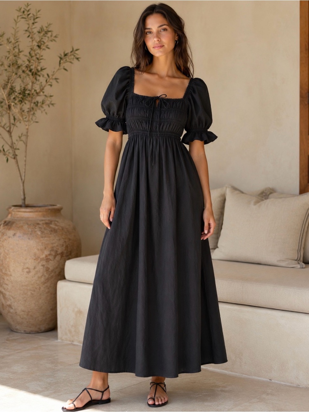 Playa Lucila Black Cotton Smocked Puff Sleeve Maxi Dress XS